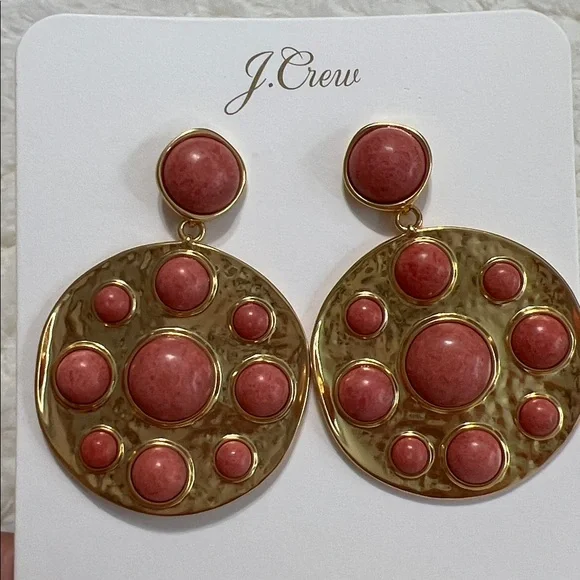 NWT J.Crew Gold Tone Statement Drop Earrings Red Stone Disc - Picture 5 of 5
